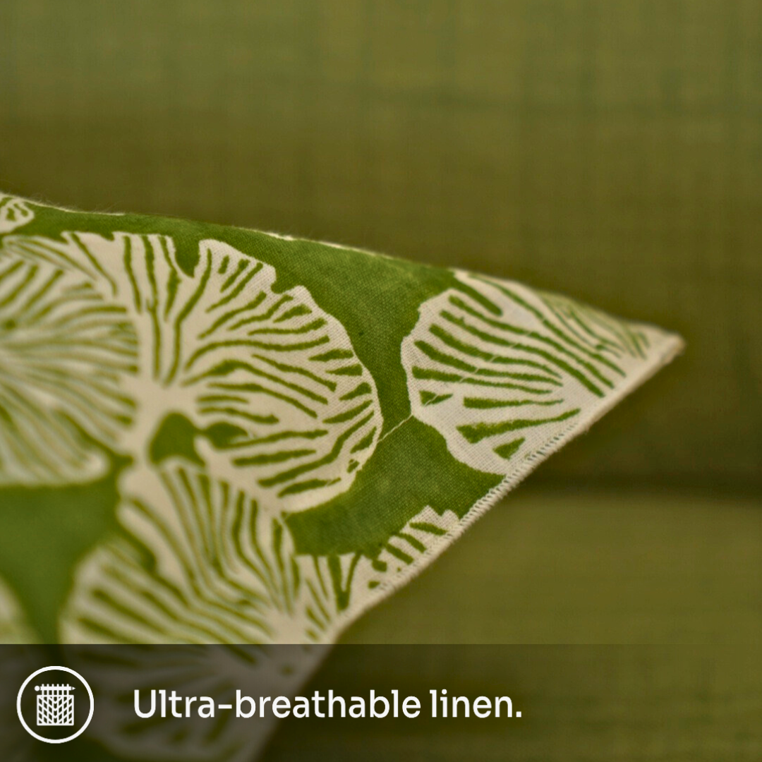 Kale Green Hand Block Printed Cushion Cover - Morel Pattern