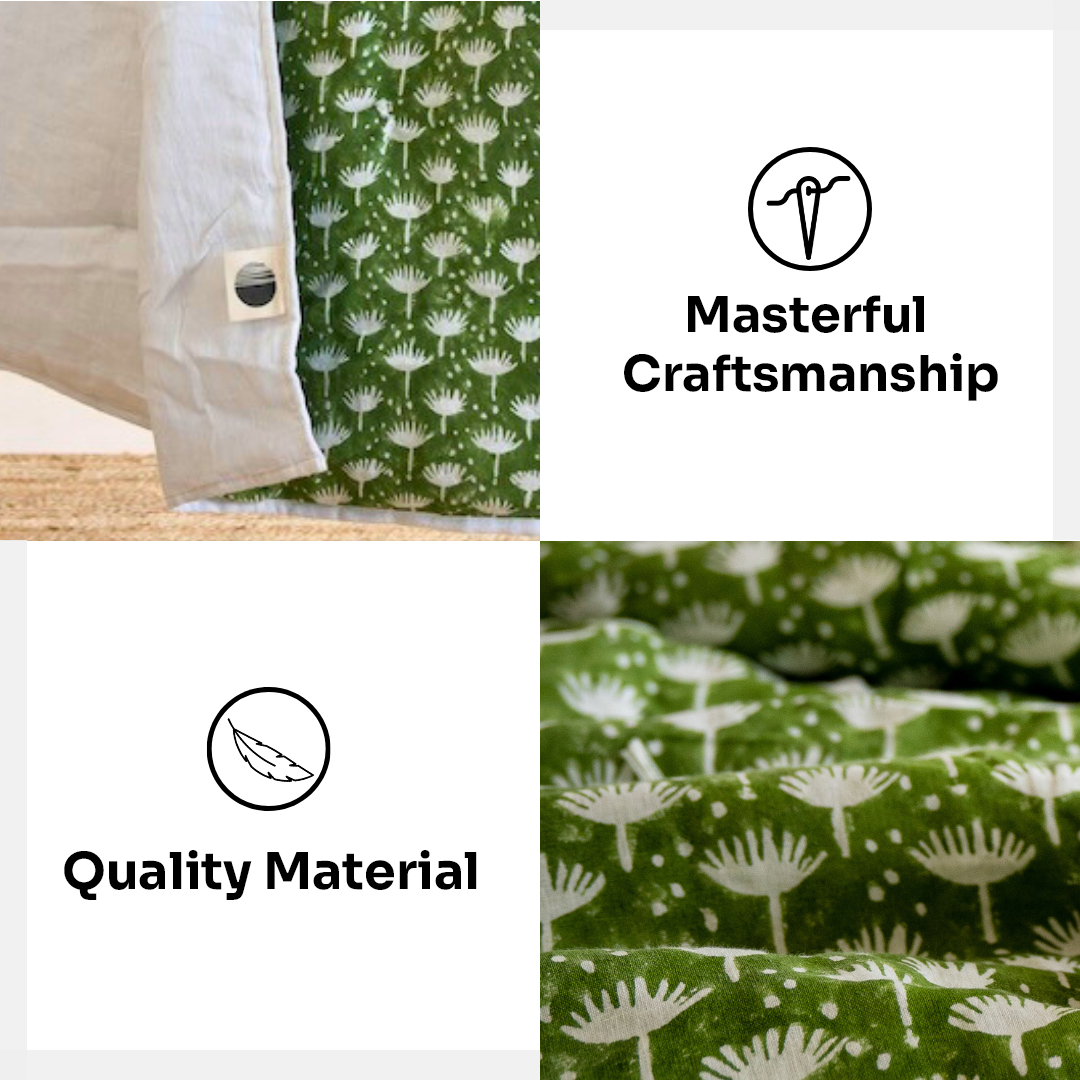 Dahlia - Hand Tucked Block Printed Linen Quilt in Kale