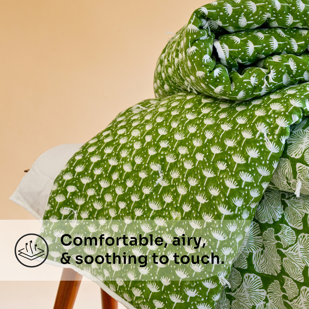 Dahlia - Hand Tucked Block Printed Linen Quilt in Kale
