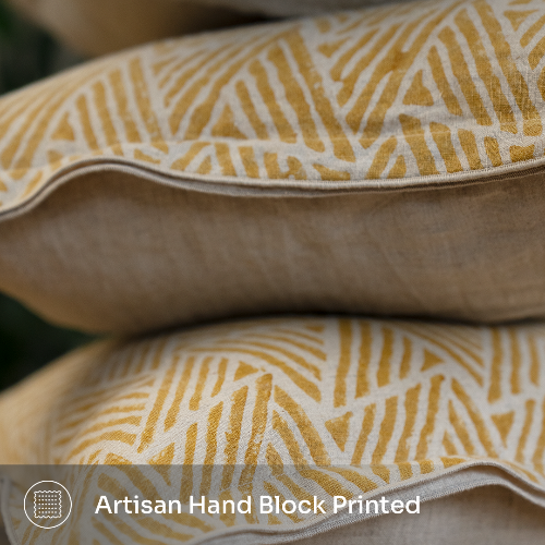 Amberleaf Hand Block Printed Cushion Cover in Mustard Ochre Adding Warmth to a Modern Living Room