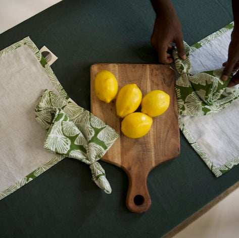 morel placemat and napkin styled in an aesthetic setup