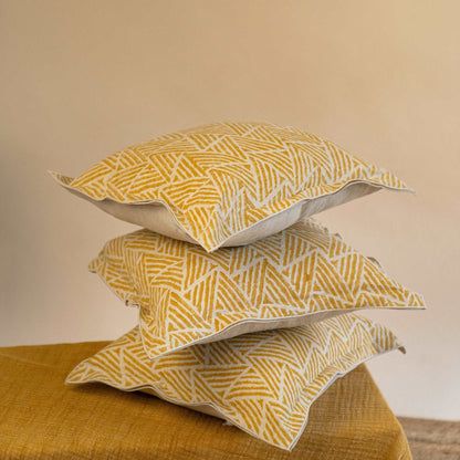 Amberleaf Linen Cushion Cover in Mustard Ochre with Hemmed Edge Detail – Flat Lay View