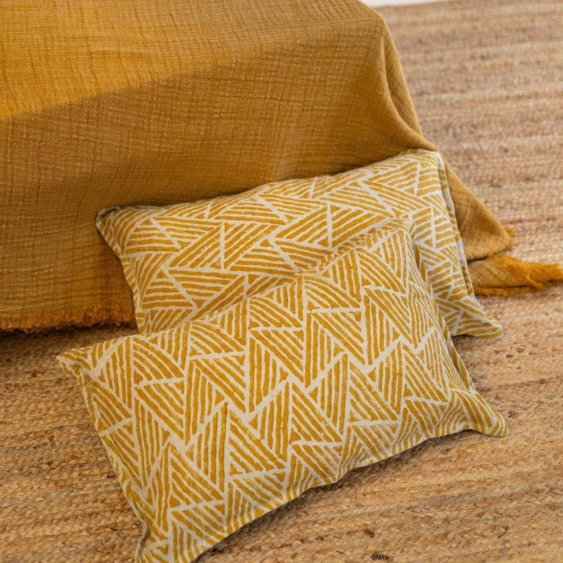 Amberleaf Hand Block Printed Linen Cushion Cover in Mustard Ochre with Reversible Natural Linen Backing