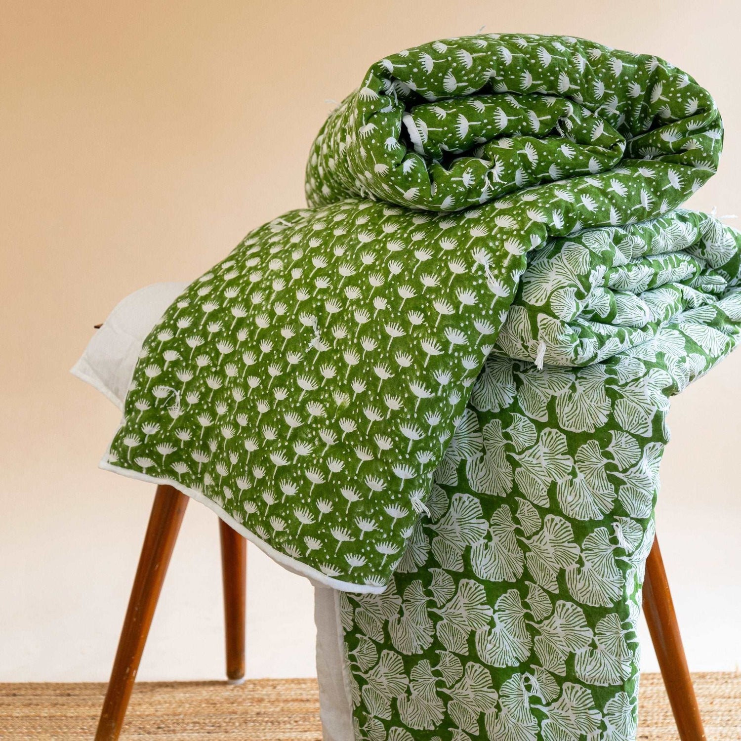 Dahlia - Hand Tucked Block Printed Linen Quilt in Kale stacked in all its glory