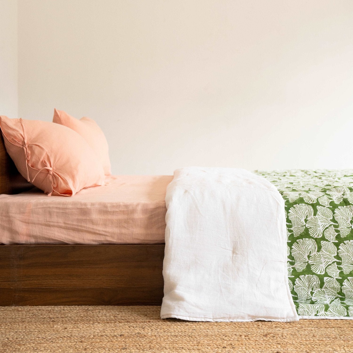 Cozy bedroom styled with the Morel quilt and neutral decor accents