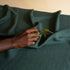 Close-up of olive linen tablecloth texture, highlighting its stonewashed finish.